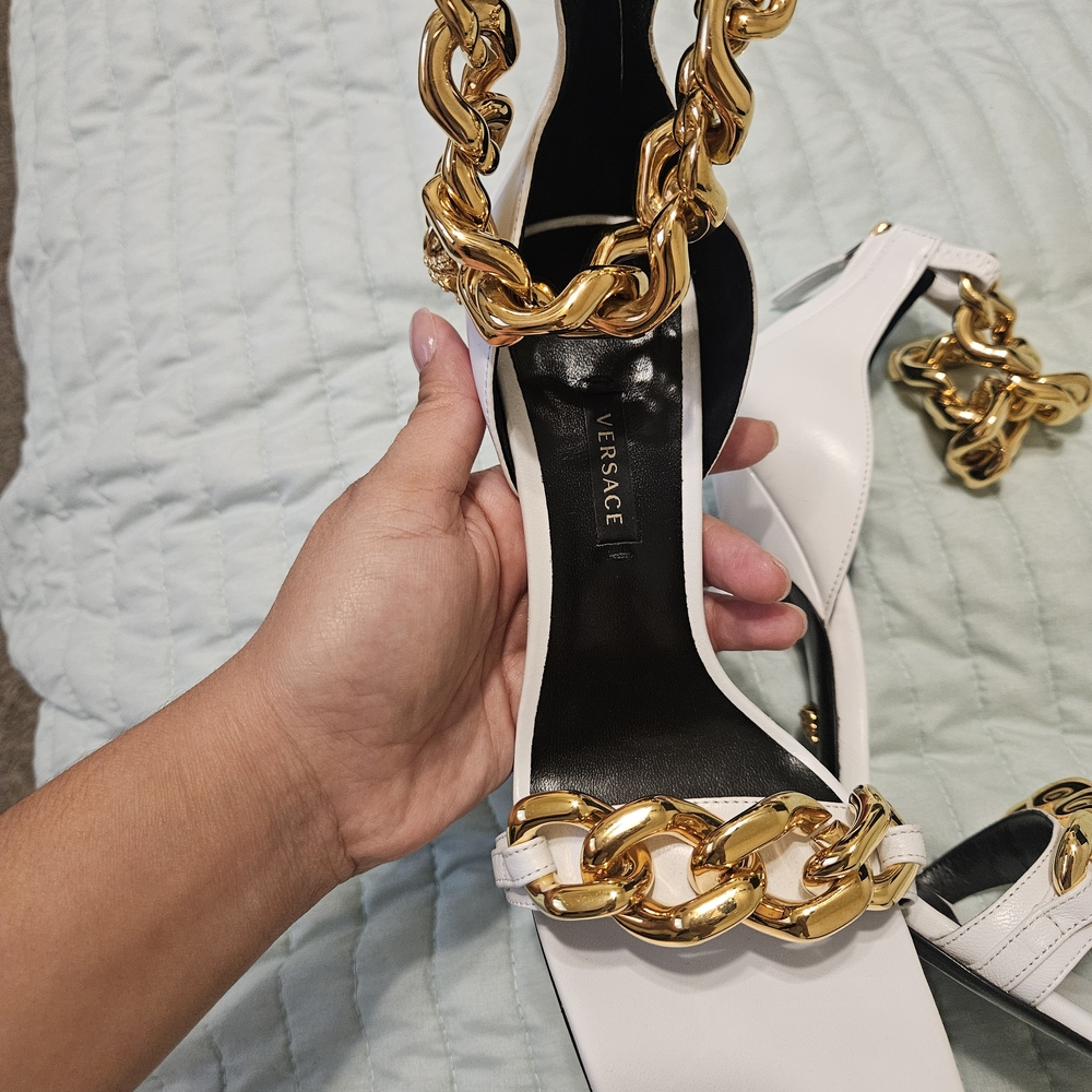 Versace Gold Chain White Heels